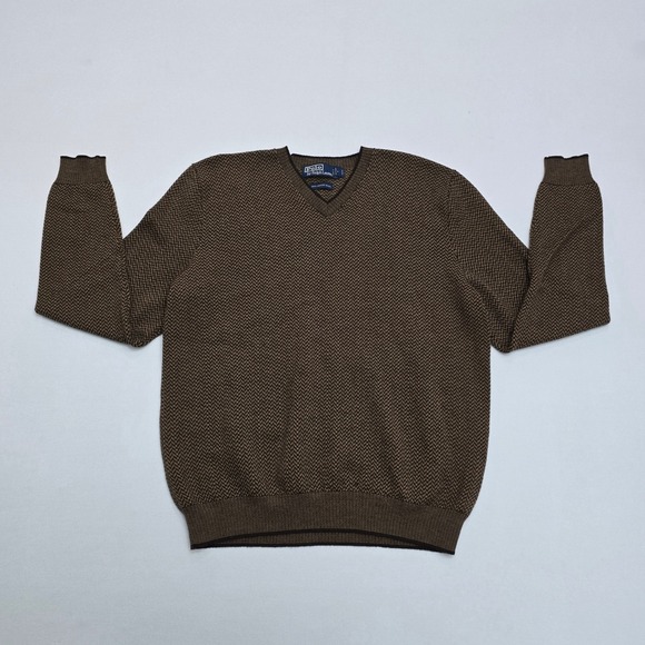 Polo Ralph Lauren Other - Polo Ralph Lauren Mens Brown Herringbone V-Neck 100% Merino Wool Sweater Size M